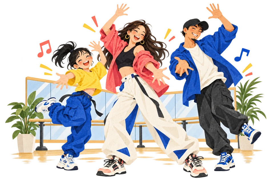 スクールの仲間が笑顔で踊るイラスト