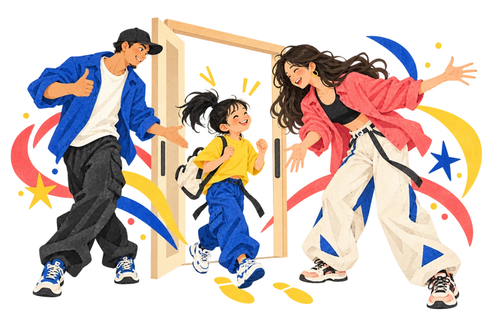 初めてダンスを始める子どもを仲間が迎えるイラスト